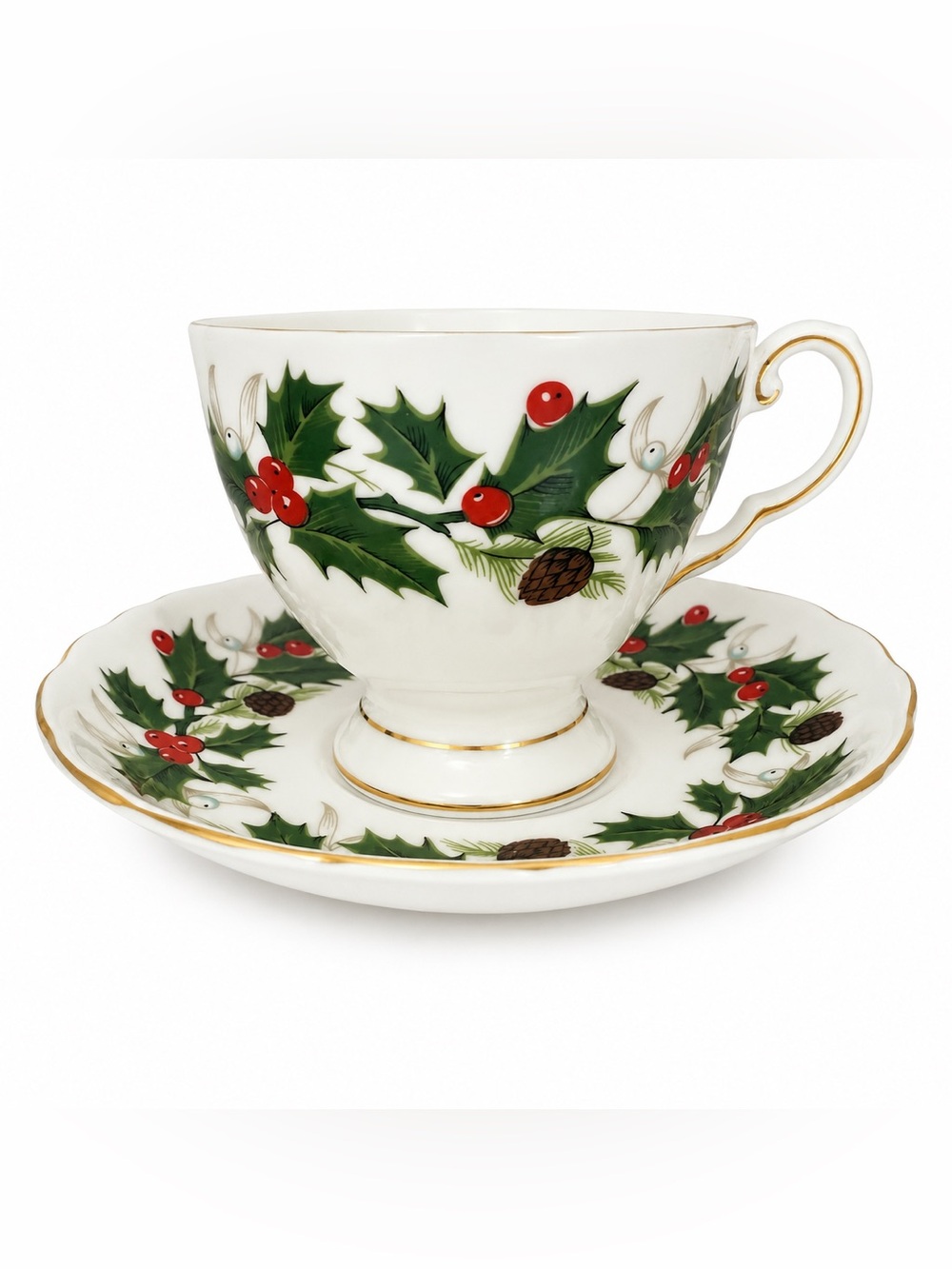 Royal Chelsea England Vintage Noel Christmas Teacup & Saucer Excellent Condition